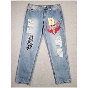 NWT Red Jeans NYC Graffiti Distressed‎ High Waisted Denim Straight Leg Size 12